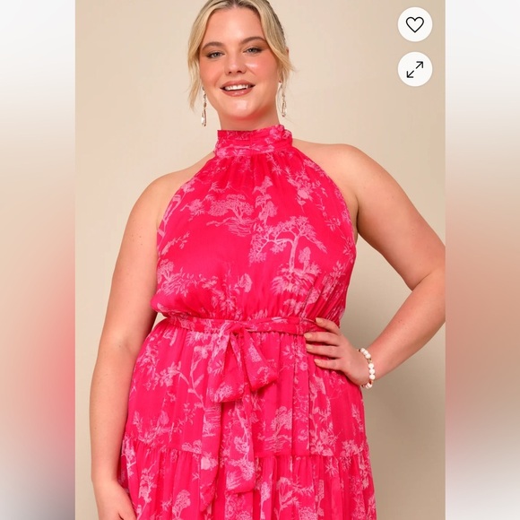 Lulu’s Float to You Hot Pink Floral Print Halter-Neck Tiered Midi Dress XL - Picture 5 of 6